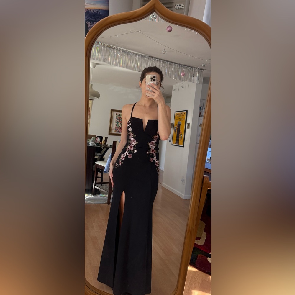 Black evening gown with floral details